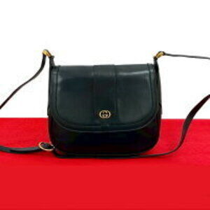 GUCCI GG logo calfskin leather Shoulder Bag Navy Blue